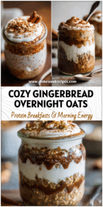 A glass jar filled with gingerbread overnight oats and yogurt layers, topped with cinnamon for a cozy high protein holiday meal.